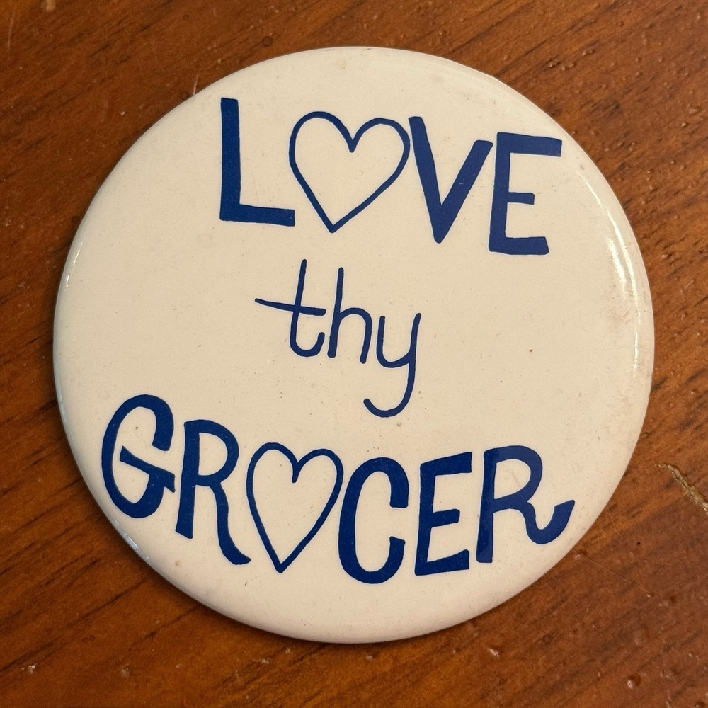 Love Thy Grocer Leggs Hanes L'erin Vintage Pinback Button Pin Round Circle